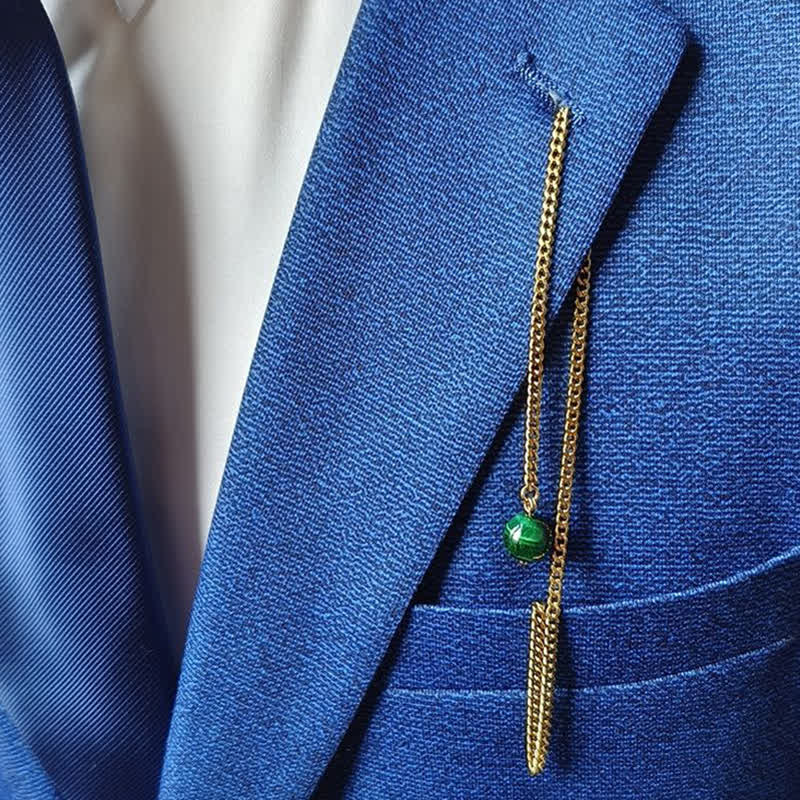 Broche de cadena de solapa con piedra natural bañada en oro de 18 quilates para hombre con cadena colgante