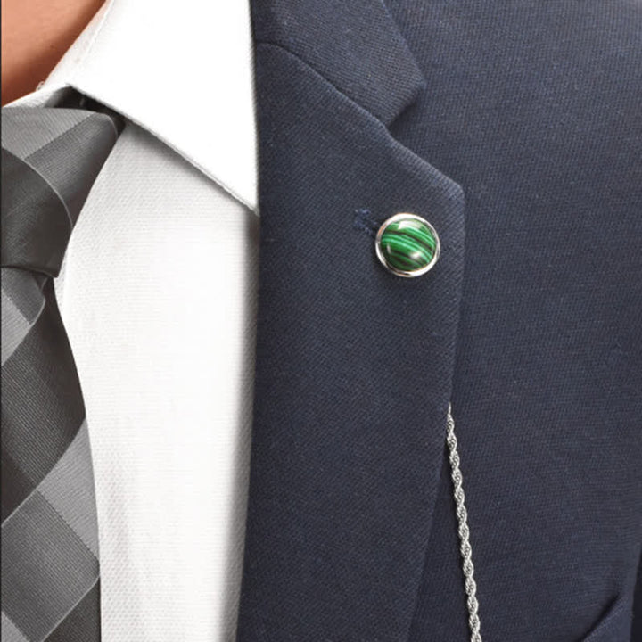 Broche clásico de cadena de solapa con piedras preciosas naturales para hombre con cadena colgante