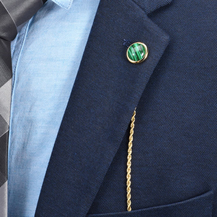 Broche clásico de cadena de solapa con piedras preciosas naturales para hombre con cadena colgante