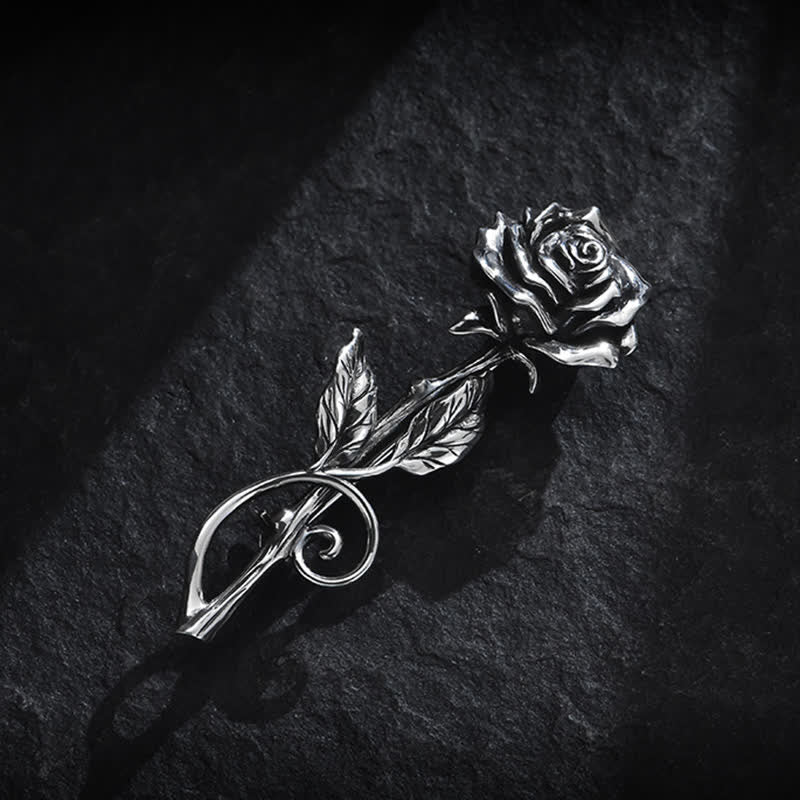 Broche romántico de rosa de plata en 3D para caballero.