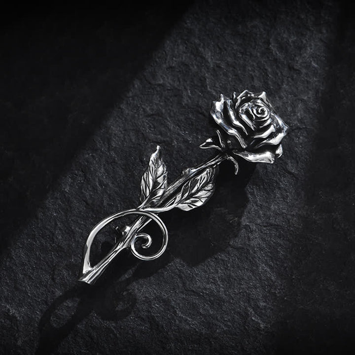 Broche romántico de rosa de plata en 3D para caballero.
