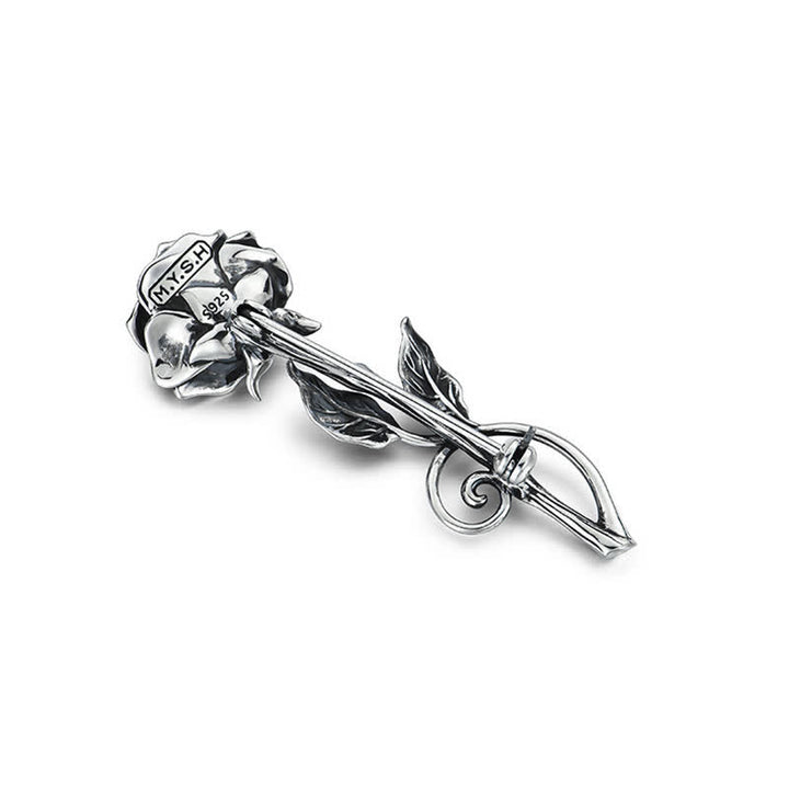 Broche romántico de rosa de plata en 3D para caballero.