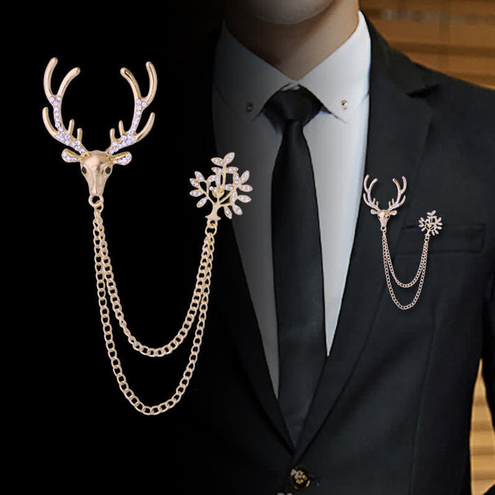 Broche de traje formal con cadena doble de reno para hombre