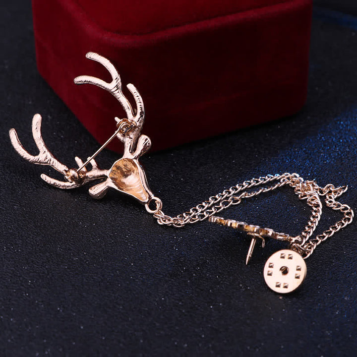 Broche de traje formal con cadena doble de reno para hombre
