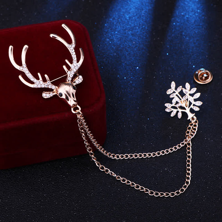 Broche de traje formal con cadena doble de reno para hombre