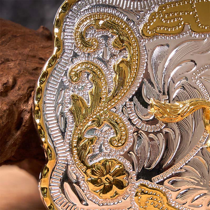 Cinturón de cuero con hebilla de vaquero occidental, hecho a mano, con caballo corriendo dorado