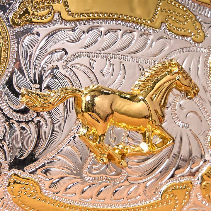 Cinturón de cuero con hebilla de vaquero occidental, hecho a mano, con caballo corriendo dorado