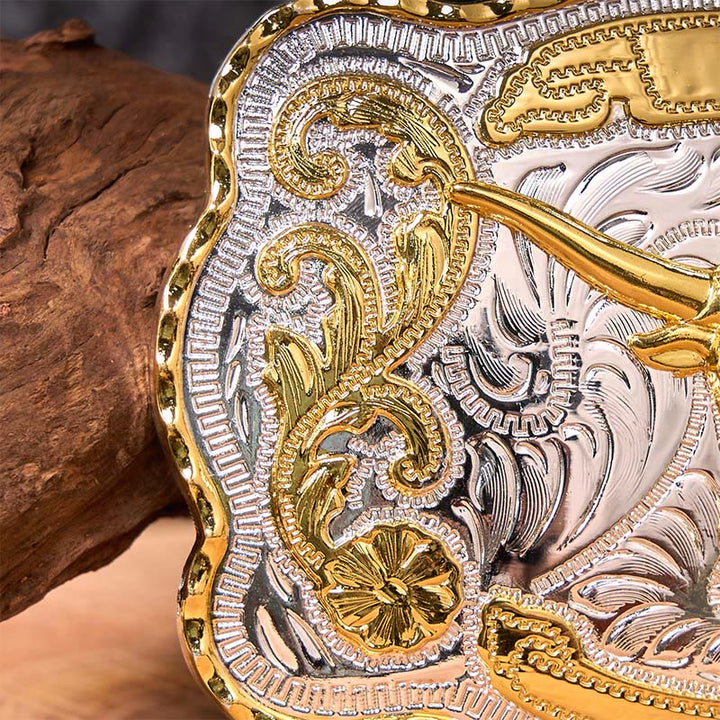 Cinturón de cuero con hebilla vaquera estilo western, hecho a mano, con cabeza de toro dorada