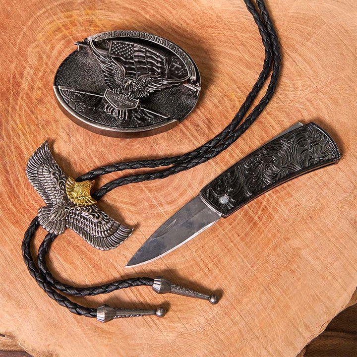 Hebilla de cinturón con cuchillo oculto y bandera de águila, juego de bricolaje, con corbata de bolo de águila