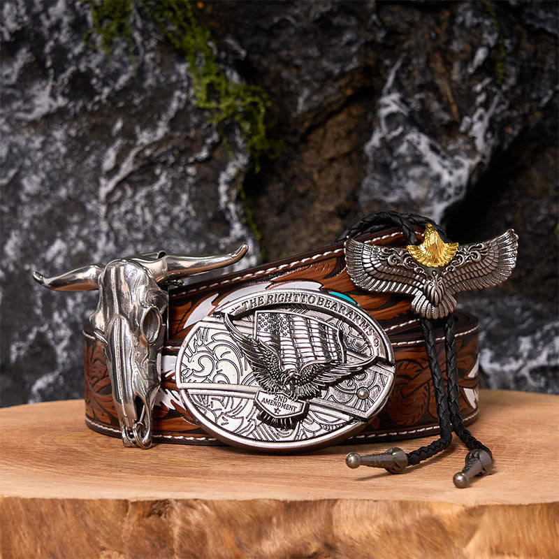 Hebilla de cinturón con cuchillo oculto y bandera de águila, juego de bricolaje, con corbata de bolo de águila - Bandera del águila - Cinturón de plumas marrones - 40 - image 0