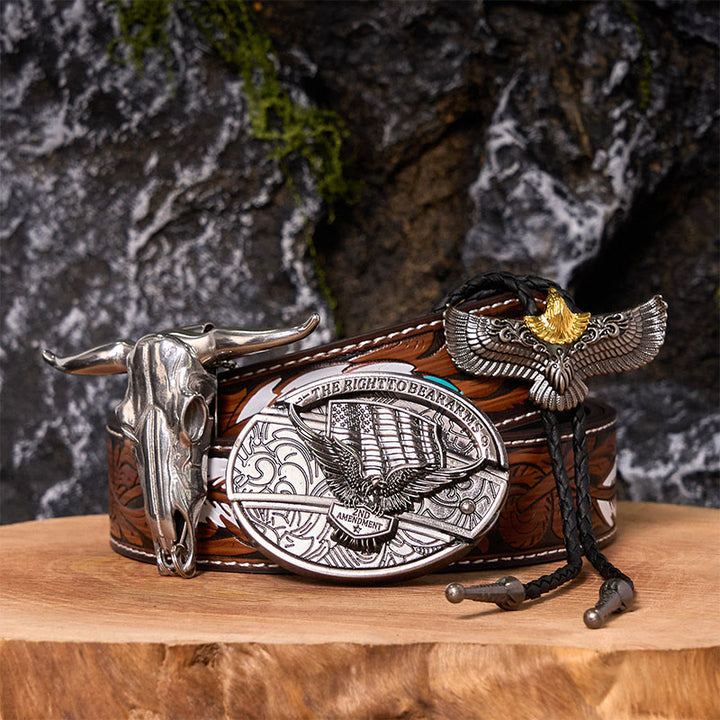 Hebilla de cinturón con cuchillo oculto y bandera de águila, juego de bricolaje, con corbata de bolo de águila - Bandera del águila - Cinturón de plumas marrones - 40 - image 0