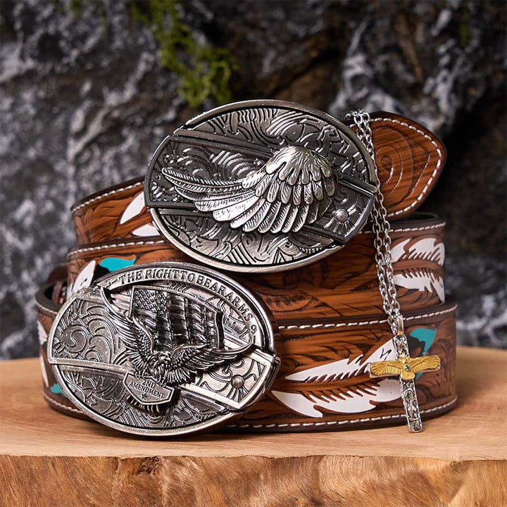 Conjunto de hebilla de cinturón con cuchillo oculto y alas de águila, con collar de cruz de águila