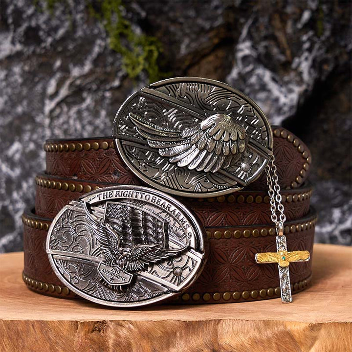 Conjunto de hebilla de cinturón con cuchillo oculto y alas de águila, con collar de cruz de águila
