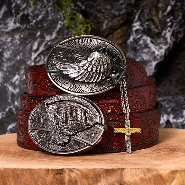Conjunto de hebilla de cinturón con cuchillo oculto y alas de águila, con collar de cruz de águila
