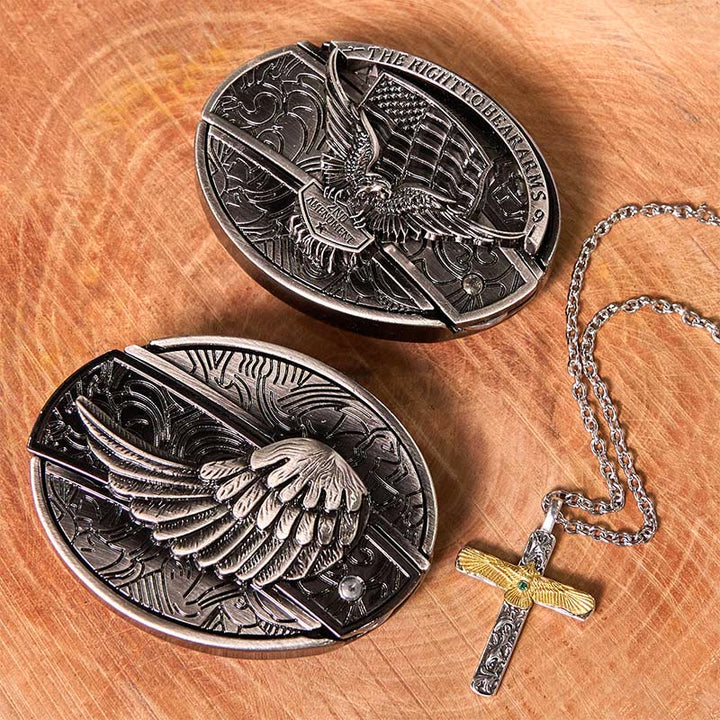 Conjunto de hebilla de cinturón con cuchillo oculto y alas de águila, con collar de cruz de águila