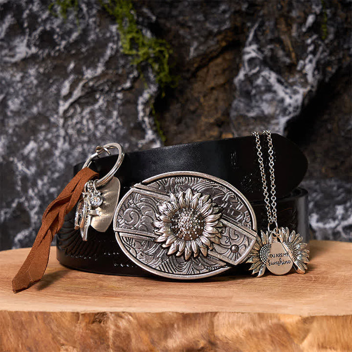 Conjunto de collar y llavero con hebilla de cinturón y cuchillo oculto de girasol occidental
