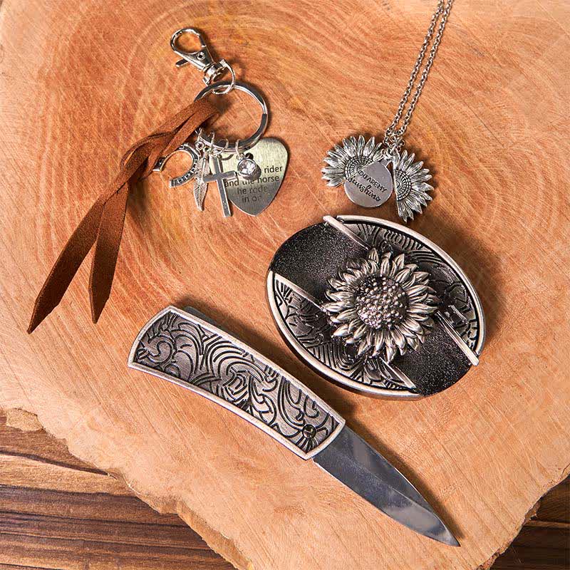 Conjunto de collar y llavero con hebilla de cinturón y cuchillo oculto de girasol occidental