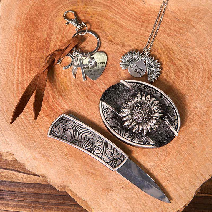 Conjunto de collar y llavero con hebilla de cinturón y cuchillo oculto de girasol occidental