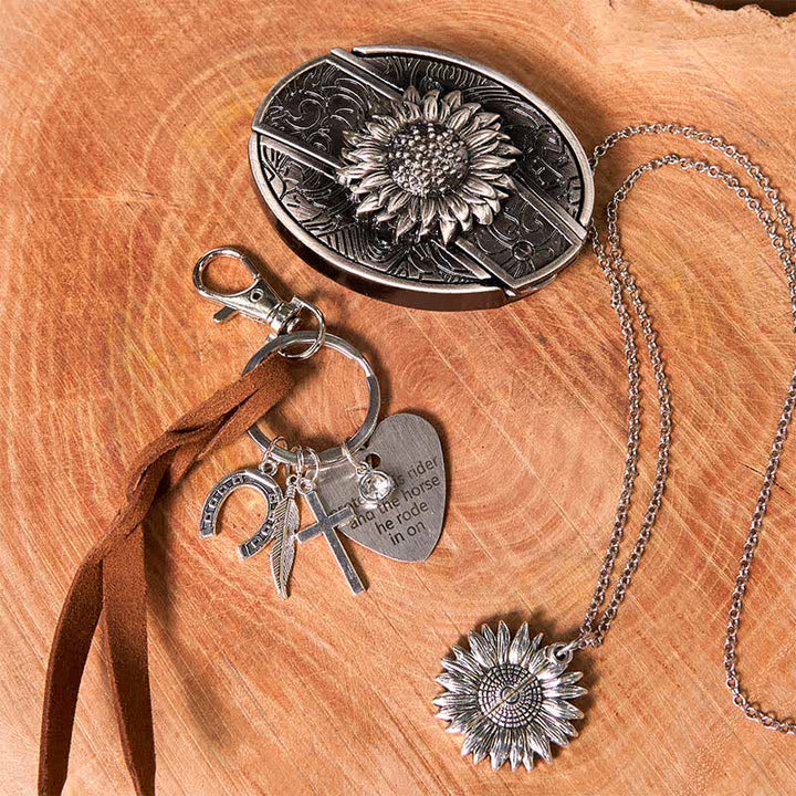 Conjunto de collar y llavero con hebilla de cinturón y cuchillo oculto de girasol occidental