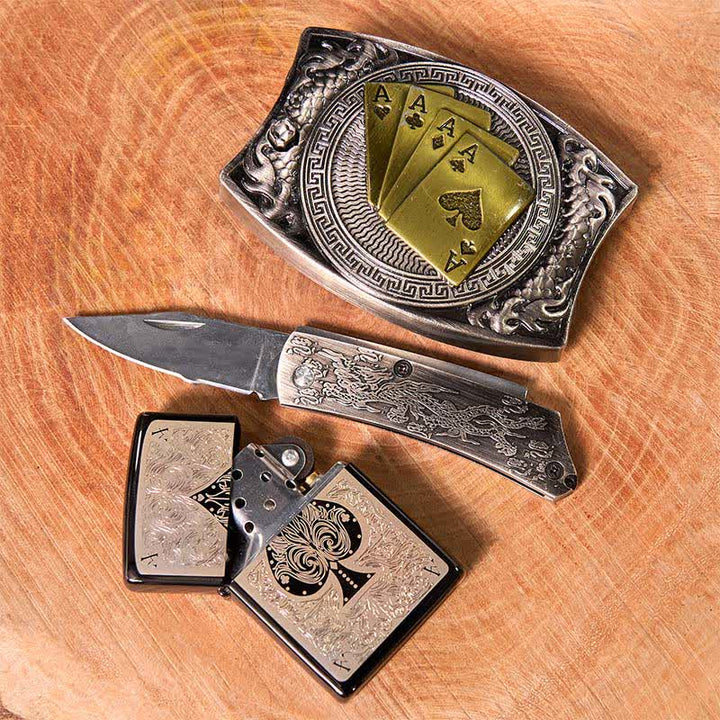 Hebilla de cinturón con cuchillo oculto y encendedor de hielo negro, con diseño de as de póker