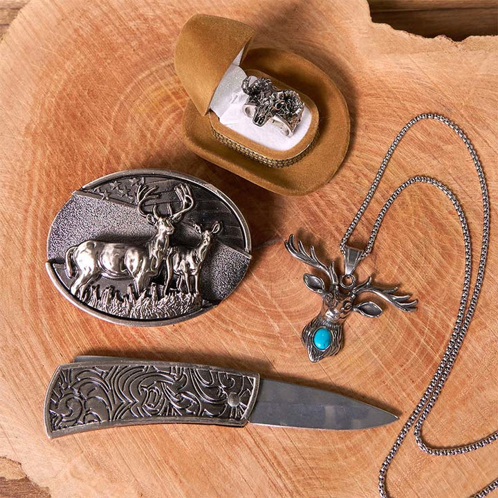 Hebilla de cinturón con cuchillo oculto y anillo de cabra fantasma, DIY, con bandera de ciervo