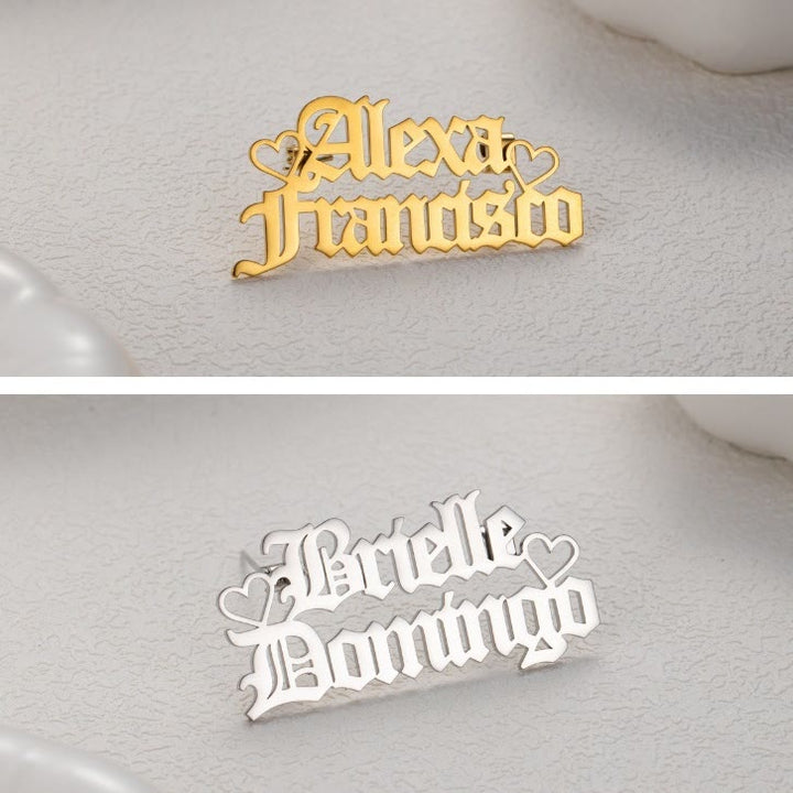 Broche personalizado con dos nombres, accesorio de acero inoxidable para traje