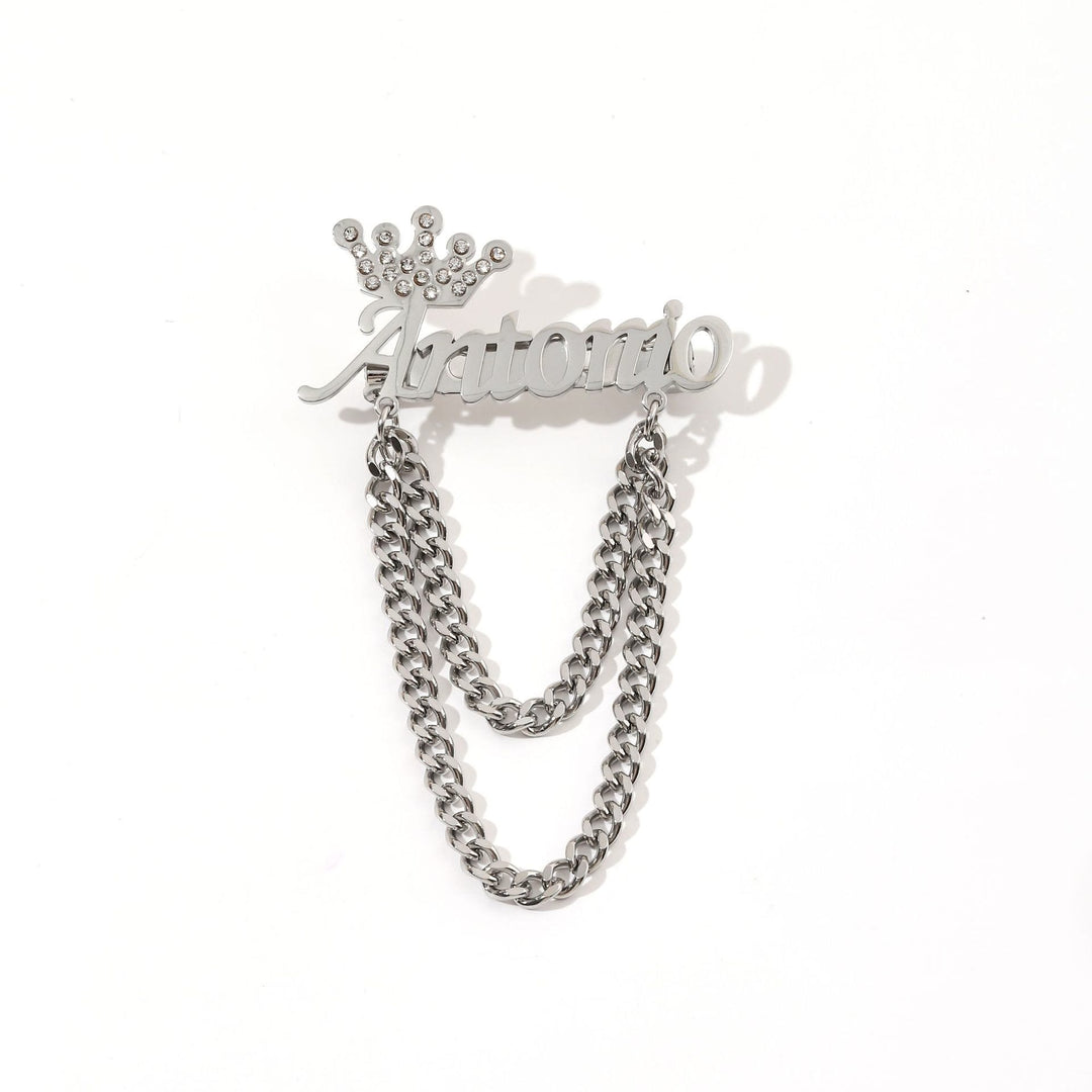 Broche personalizado con tu nombre y corona decorativa. Accesorios para traje.