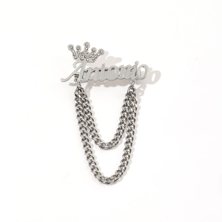 Broche personalizado con tu nombre y corona decorativa. Accesorios para traje.