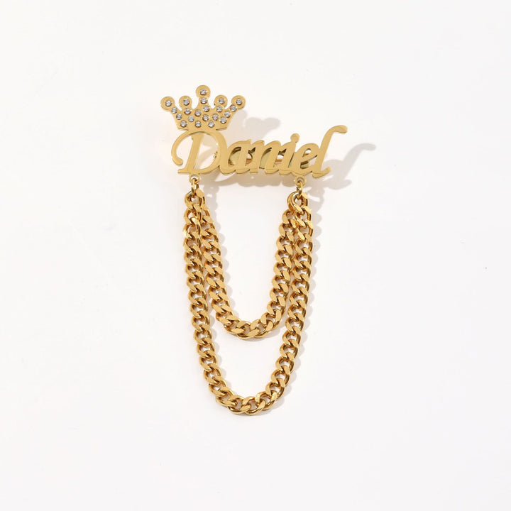 Broche personalizado con tu nombre y corona decorativa. Accesorios para traje.