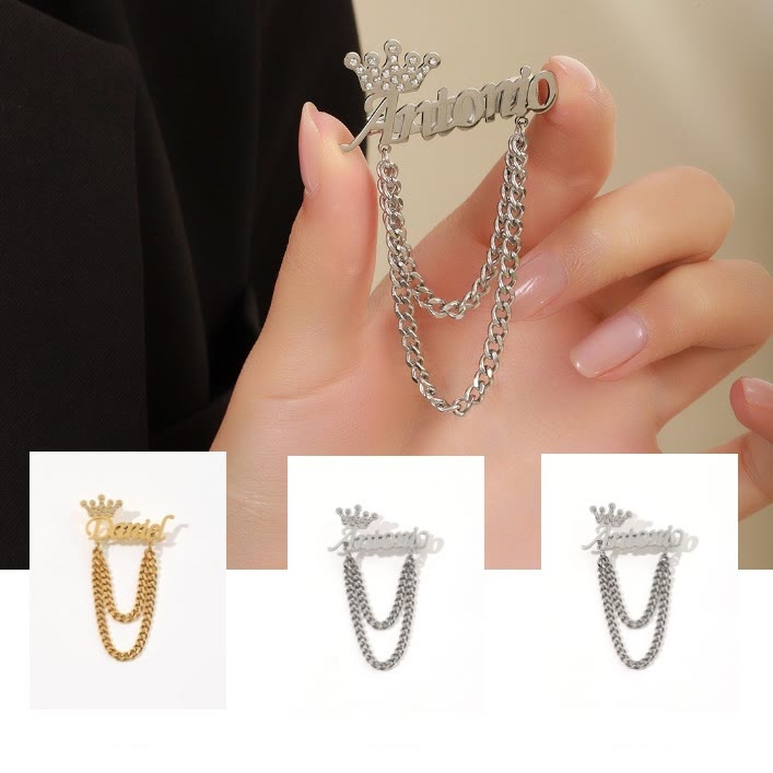 Broche personalizado con tu nombre y corona decorativa. Accesorios para traje.