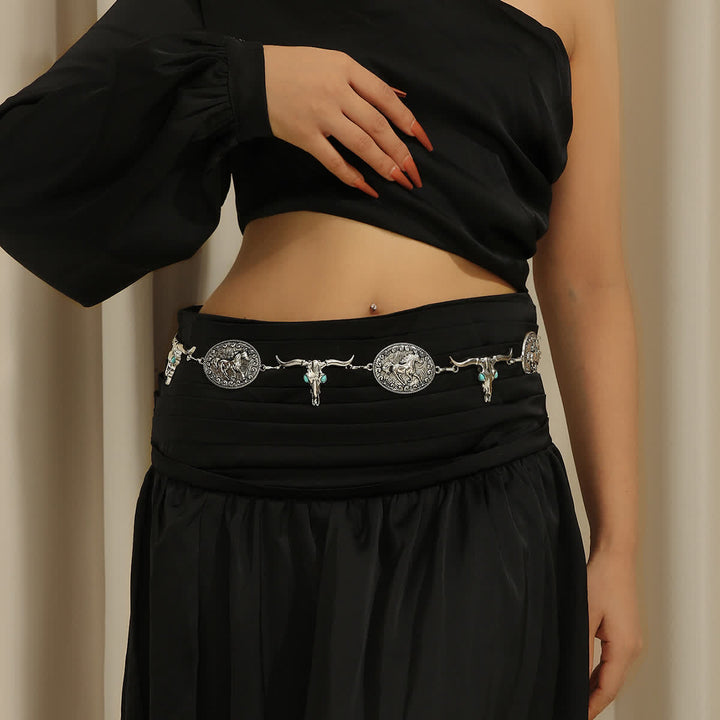 Cinturón estilo concho estilo western con cabeza de toro y turquesa sintética para mujer