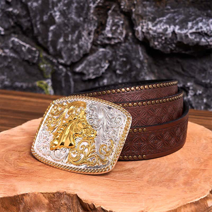 Cinturón de cuero con hebilla grande DIY con cabeza de caballo dorada y plateada - Cabeza de caballo - Cinturón con remaches marrones - 42 - image 8