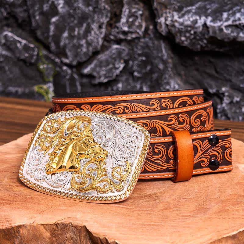 Cinturón de cuero con hebilla grande DIY con cabeza de caballo dorada y plateada - Cabeza de caballo - Cinturón floral en relieve naranja - 42 - image 10
