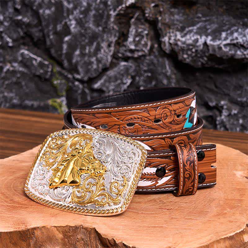 Cinturón de cuero con hebilla grande DIY con cabeza de caballo dorada y plateada - Cabeza de caballo - Cinturón de plumas marrones - 40 - image 11