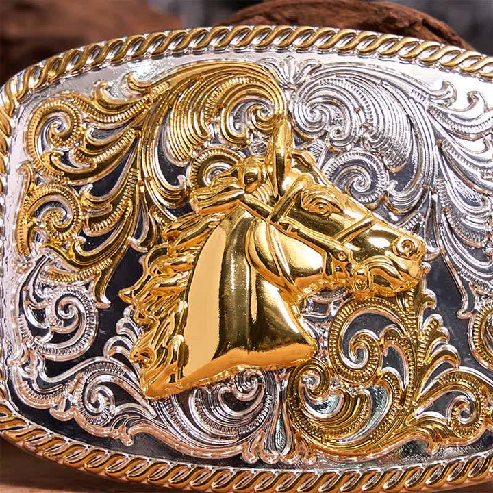 Cinturón de cuero con hebilla grande DIY con cabeza de caballo dorada y plateada - image 4
