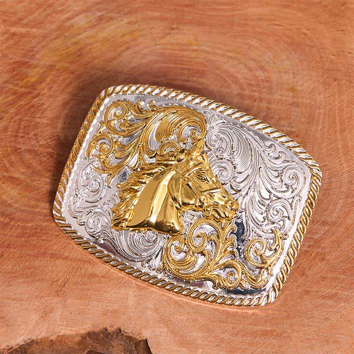 Cinturón de cuero con hebilla grande DIY con cabeza de caballo dorada y plateada - image 2