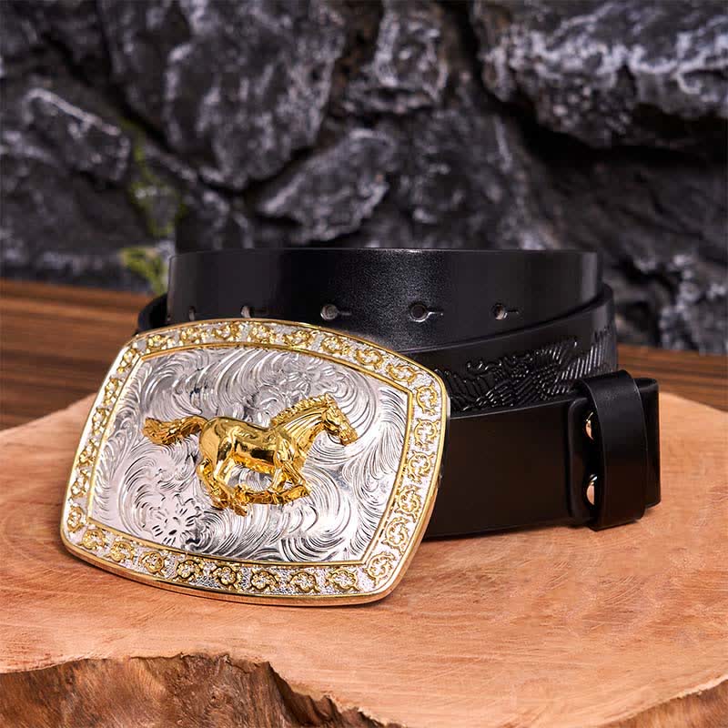 Cinturón de cuero con hebilla grande DIY de caballo corriendo dorado y plateado - Caballo corriendo - Cinturón de águila negra en relieve - 42 - image 6