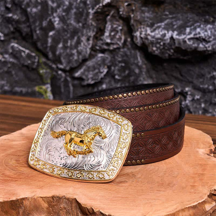 Cinturón de cuero con hebilla grande DIY de caballo corriendo dorado y plateado - Caballo corriendo - Cinturón con remaches marrones - 42 - image 8