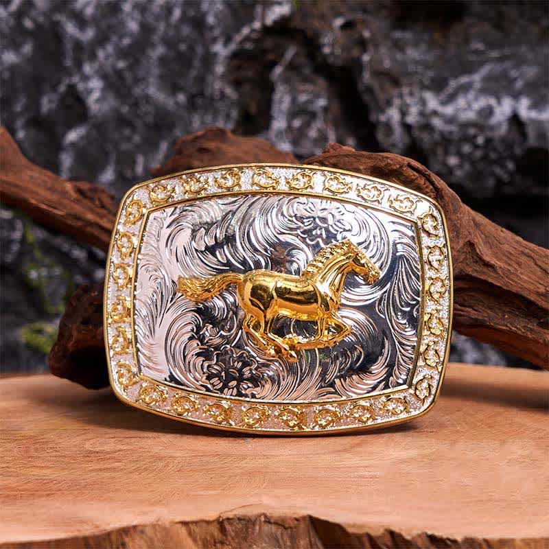 Cinturón de cuero con hebilla grande DIY de caballo corriendo dorado y plateado - Caballo corriendo - Sin cinturón - Cinturón no incluido - image 1