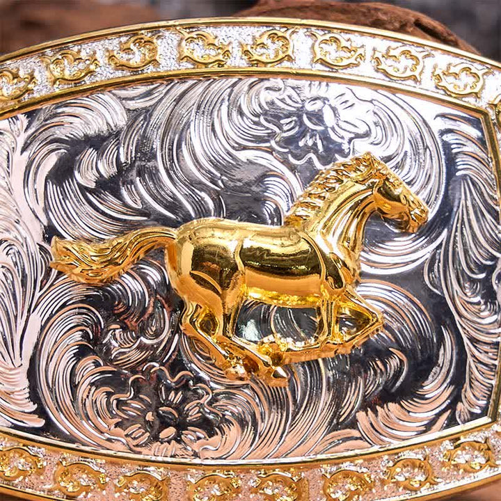 Cinturón de cuero con hebilla grande DIY de caballo corriendo dorado y plateado - image 4