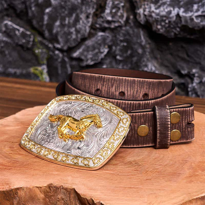 Cinturón de cuero con hebilla grande DIY de caballo corriendo dorado y plateado - Caballo corriendo - Cinturón marrón desgastado - 42 - image 9