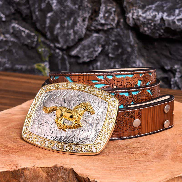 Cinturón de cuero con hebilla grande DIY de caballo corriendo dorado y plateado - Caballo corriendo - Cinturón tallado en turquesa - 42 - image 7