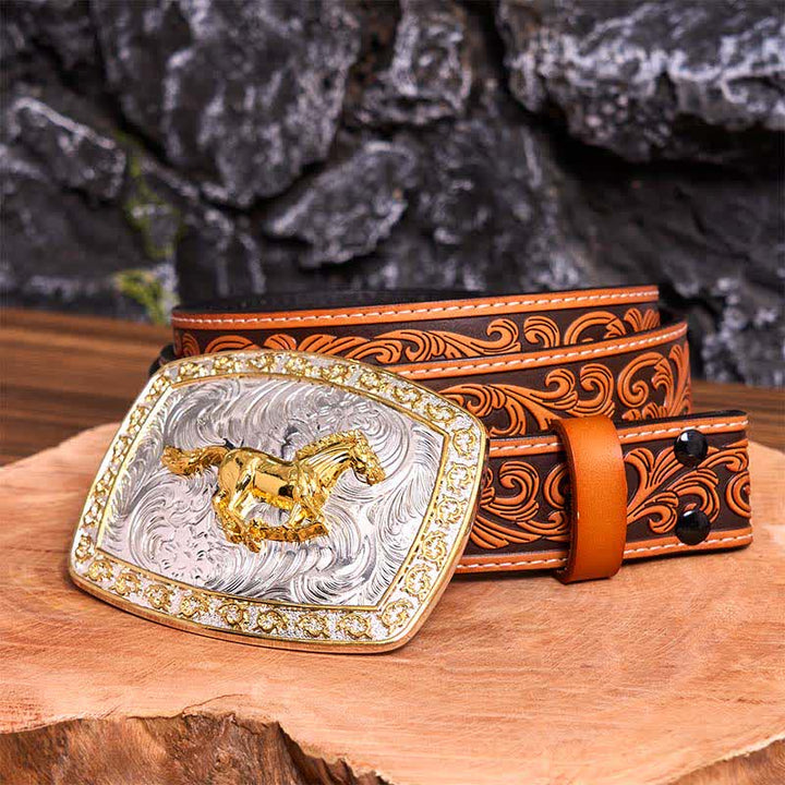 Cinturón de cuero con hebilla grande DIY de caballo corriendo dorado y plateado - Caballo corriendo - Cinturón floral en relieve naranja - 42 - image 10