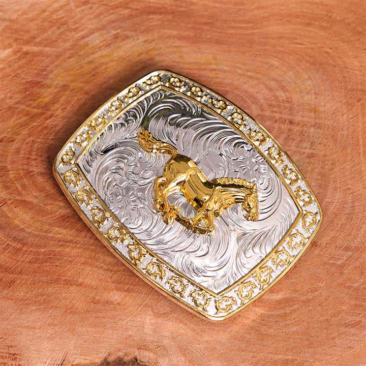 Cinturón de cuero con hebilla grande DIY de caballo corriendo dorado y plateado - image 2