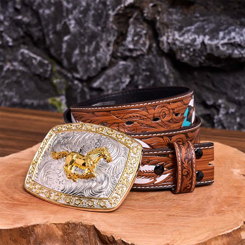 Cinturón de cuero con hebilla grande DIY de caballo corriendo dorado y plateado - Caballo corriendo - Cinturón de plumas marrones - 40 - image 11