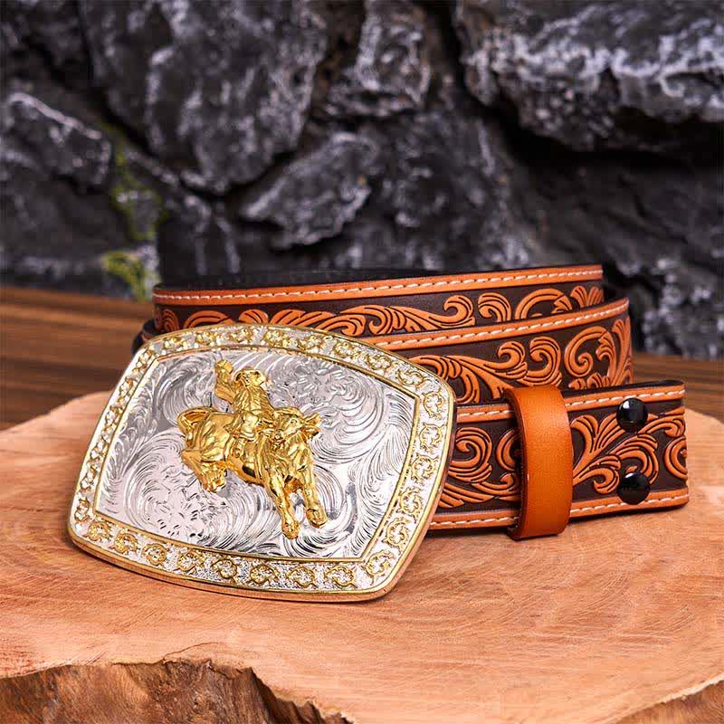 Cinturón de cuero con hebilla grande para montar a caballo, dorado y plateado, hecho a mano - Montar a caballo - Cinturón floral en relieve naranja - 42 - image 10