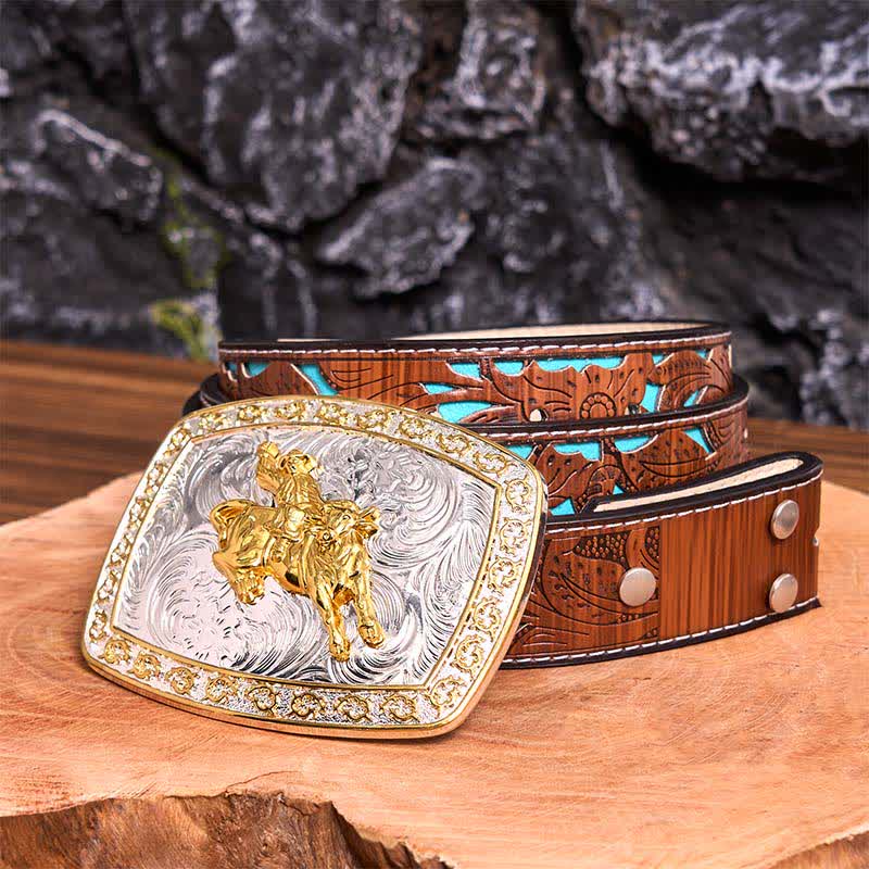 Cinturón de cuero con hebilla grande para montar a caballo, dorado y plateado, hecho a mano - Montar a caballo - Cinturón tallado en turquesa - 42 - image 7