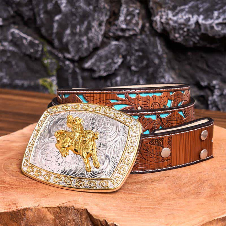 Cinturón de cuero con hebilla grande para montar a caballo, dorado y plateado, hecho a mano - Montar a caballo - Cinturón tallado en turquesa - 42 - image 7