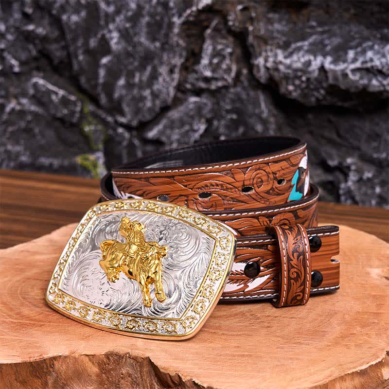 Cinturón de cuero con hebilla grande para montar a caballo, dorado y plateado, hecho a mano - Montar a caballo - Cinturón de plumas marrones - 40 - image 11