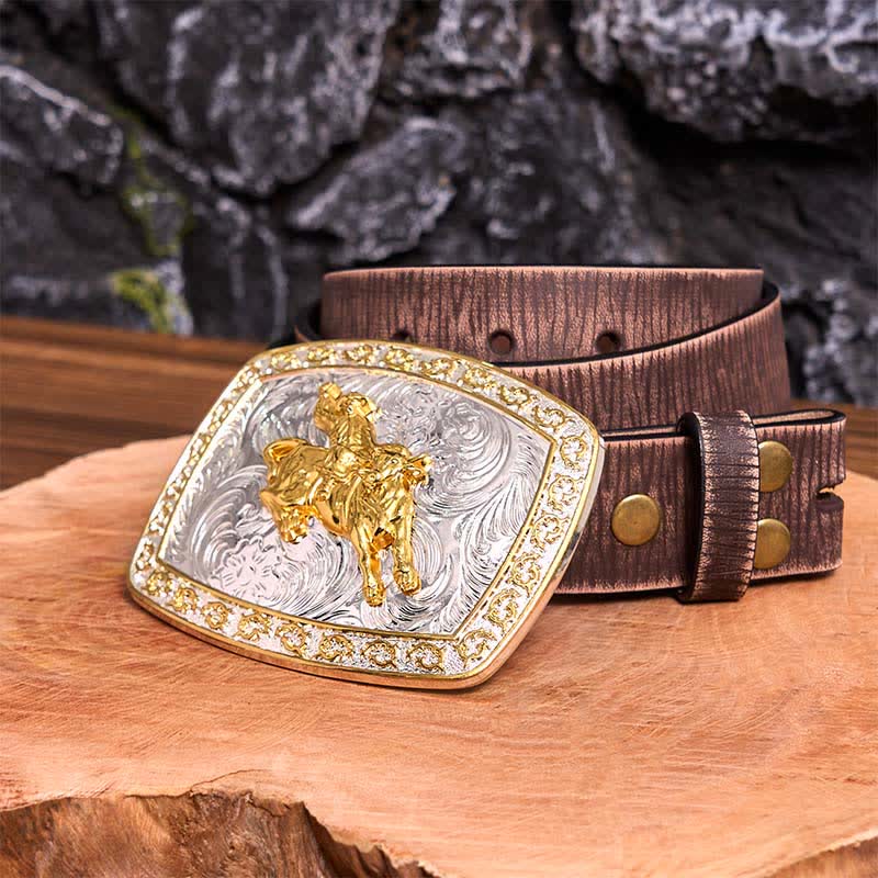Cinturón de cuero con hebilla grande para montar a caballo, dorado y plateado, hecho a mano - Montar a caballo - Cinturón marrón desgastado - 42 - image 9